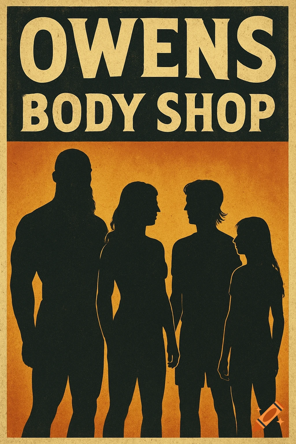 A vintage-style poster for Owens Body Shop gym, featuring silhouettes of a muscular man, woman, boy, and girl.
