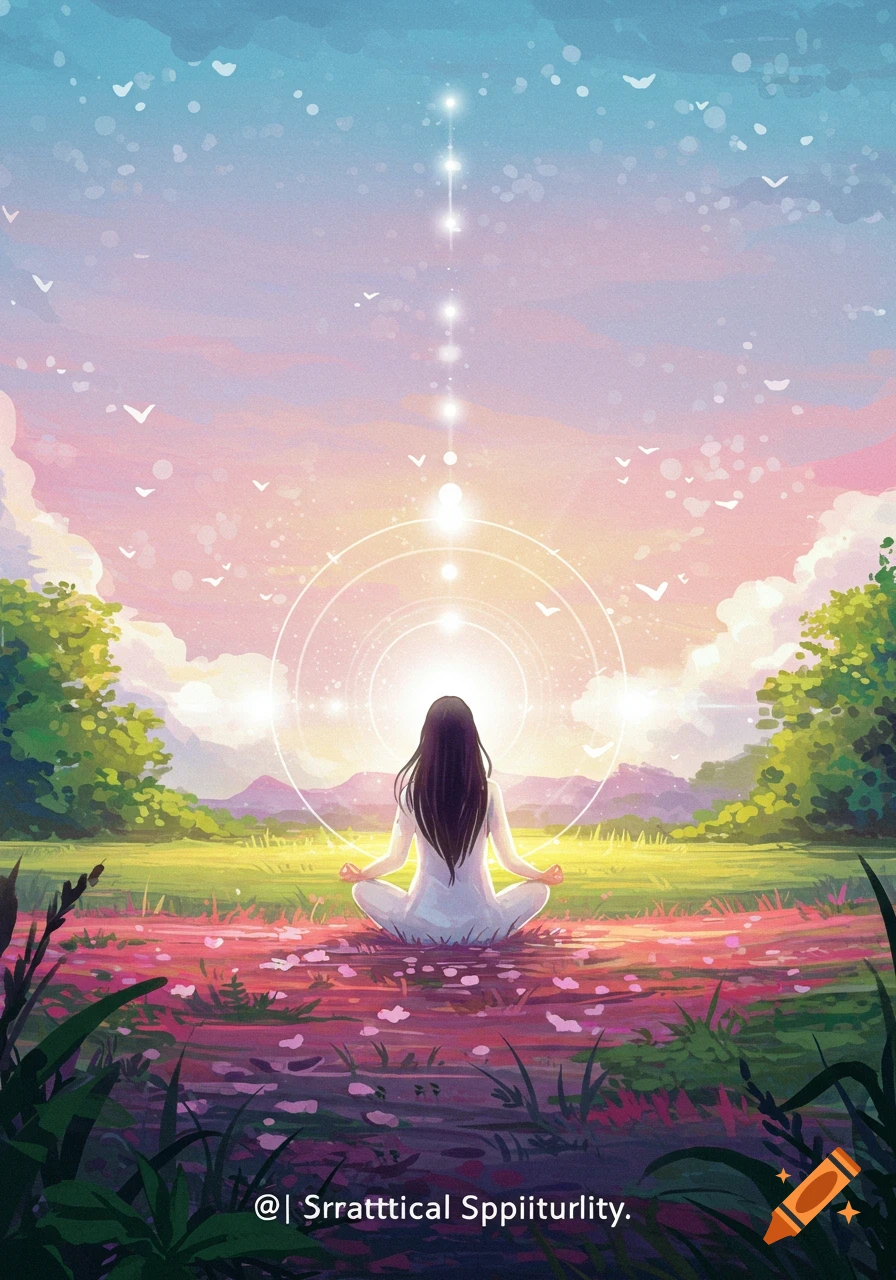 Person meditating in a vibrant field at sunset with spiritual light.