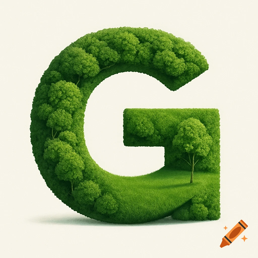 A large letter G made of grass and trees on a white background.