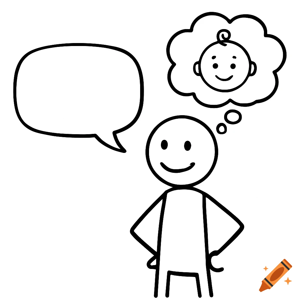 A stick figure with an empty speech bubble and a thought bubble containing a baby head.
