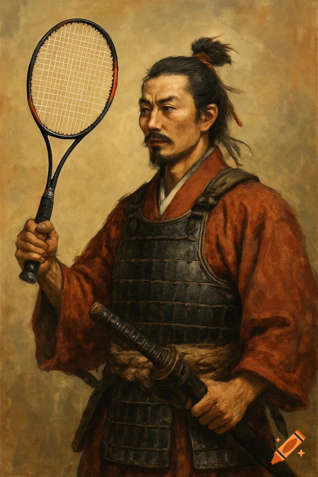 Painting of a samurai warrior in armor holding a tennis racket.