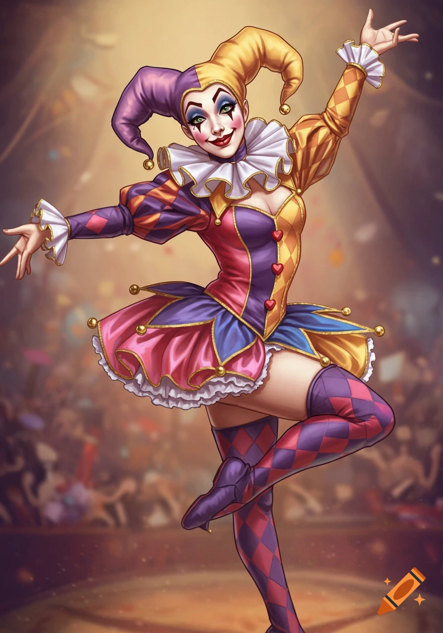 Female jester in colorful costume dancing in a circus.
