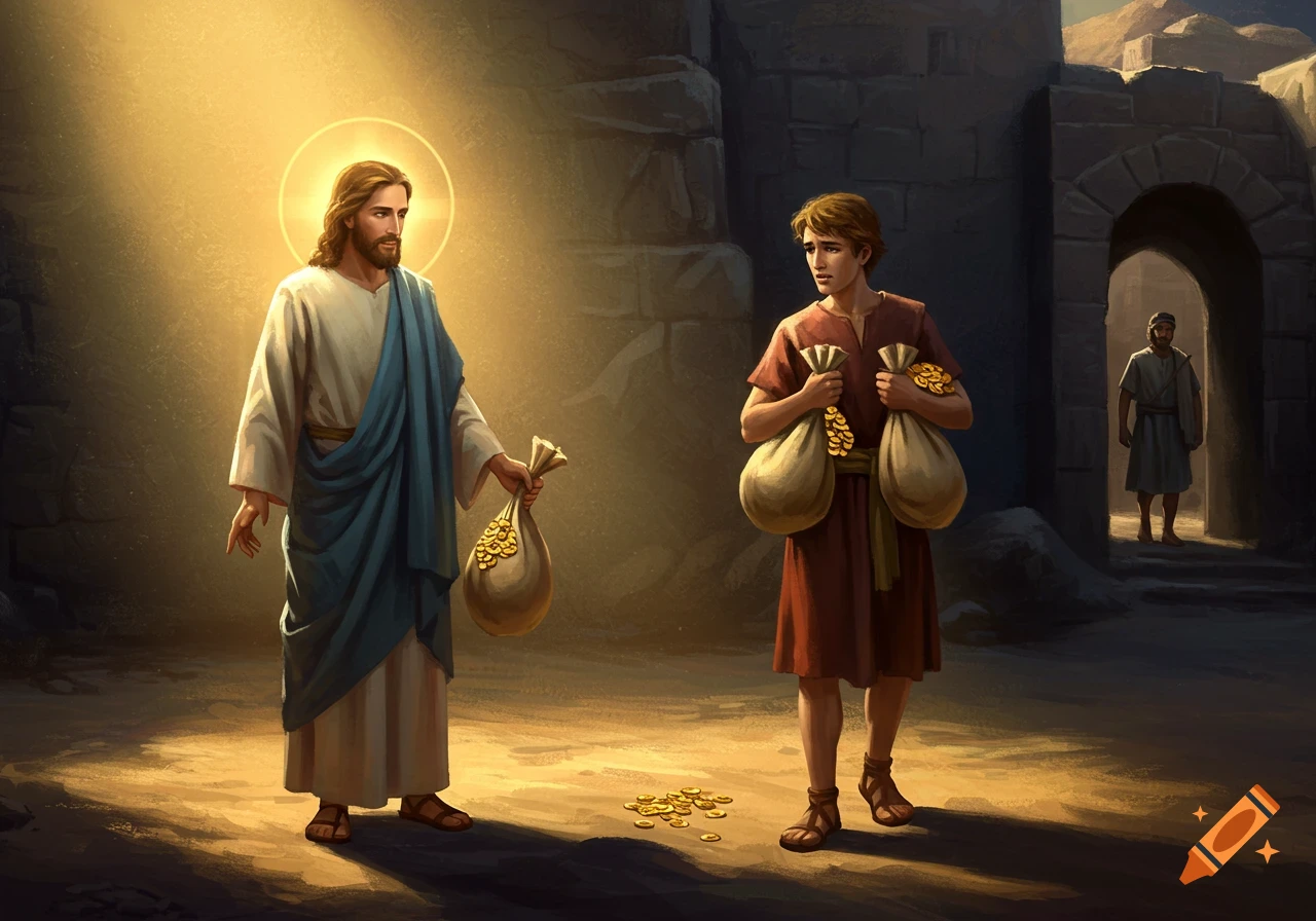 An illustration of Jesus standing in light opposite a young man holding gold bags in shadow.