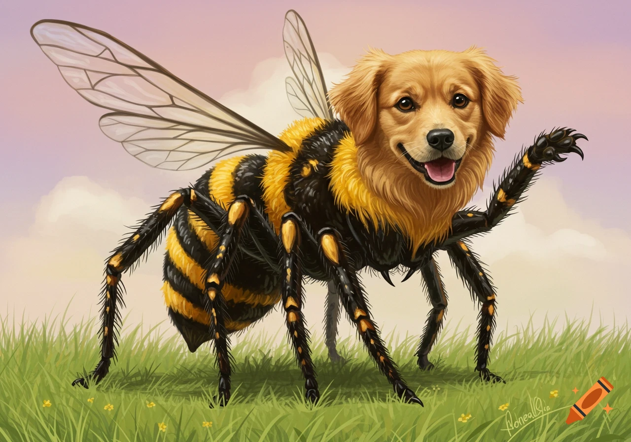 Digital illustration of a hybrid creature with a golden retriever head and a bee body with spider legs standing in grass.