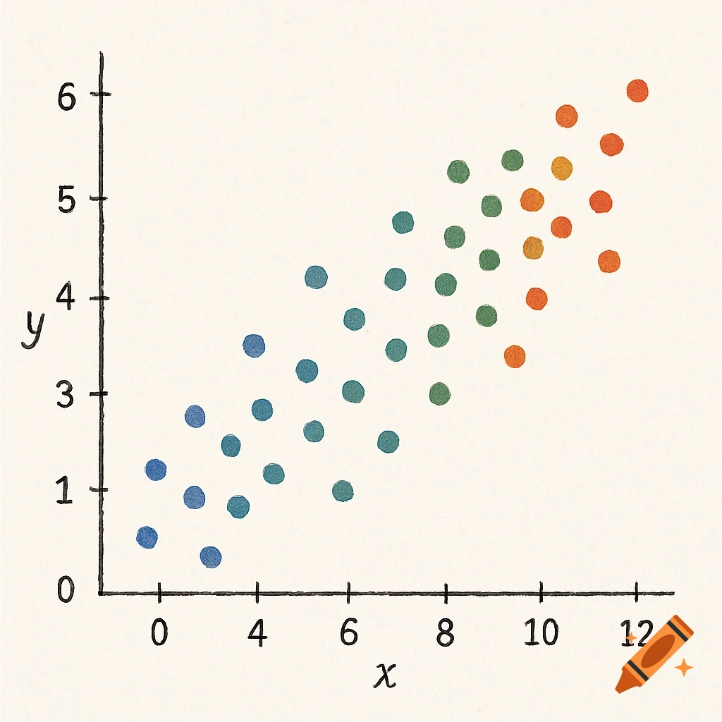 A hand-drawn scatter plot with data points colored from blue to orange showing a positive correlation. Axes are labeled x and y.