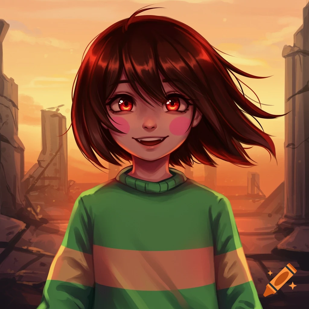 Illustration of Undertale character Chara with red eyes and striped sweater in a ruined landscape.