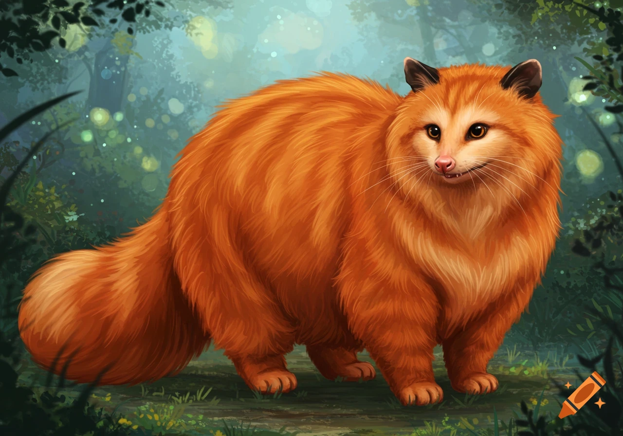 A fluffy orange cat-possum hybrid creature stands in a forest clearing.