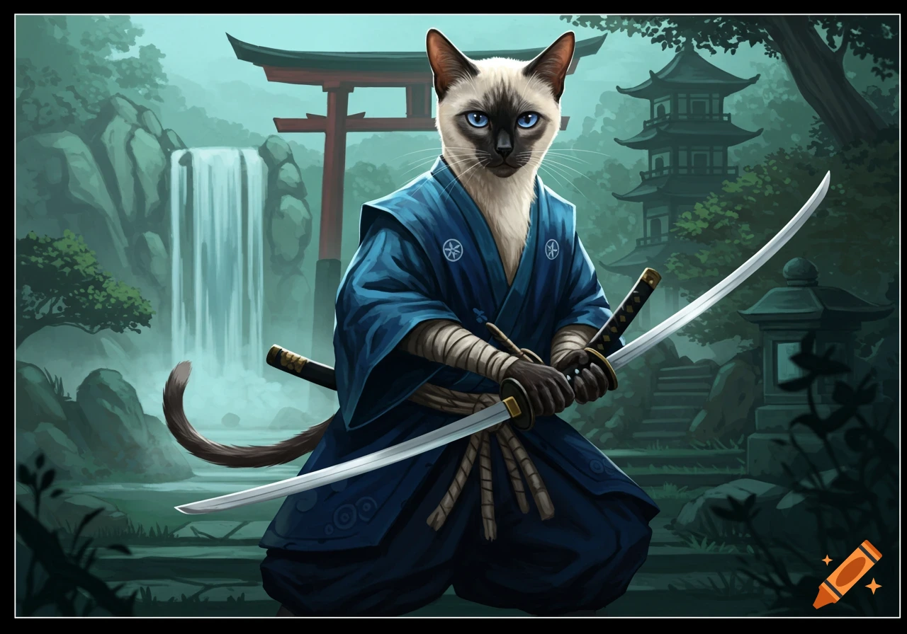 A Siamese cat wearing a blue samurai outfit kneels with two swords in a Japanese landscape.