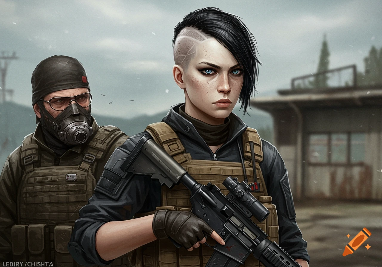 Two characters in tactical gear with weapons in a post-apocalyptic setting, one a woman with shaved hair, the other wearing a gas mask.