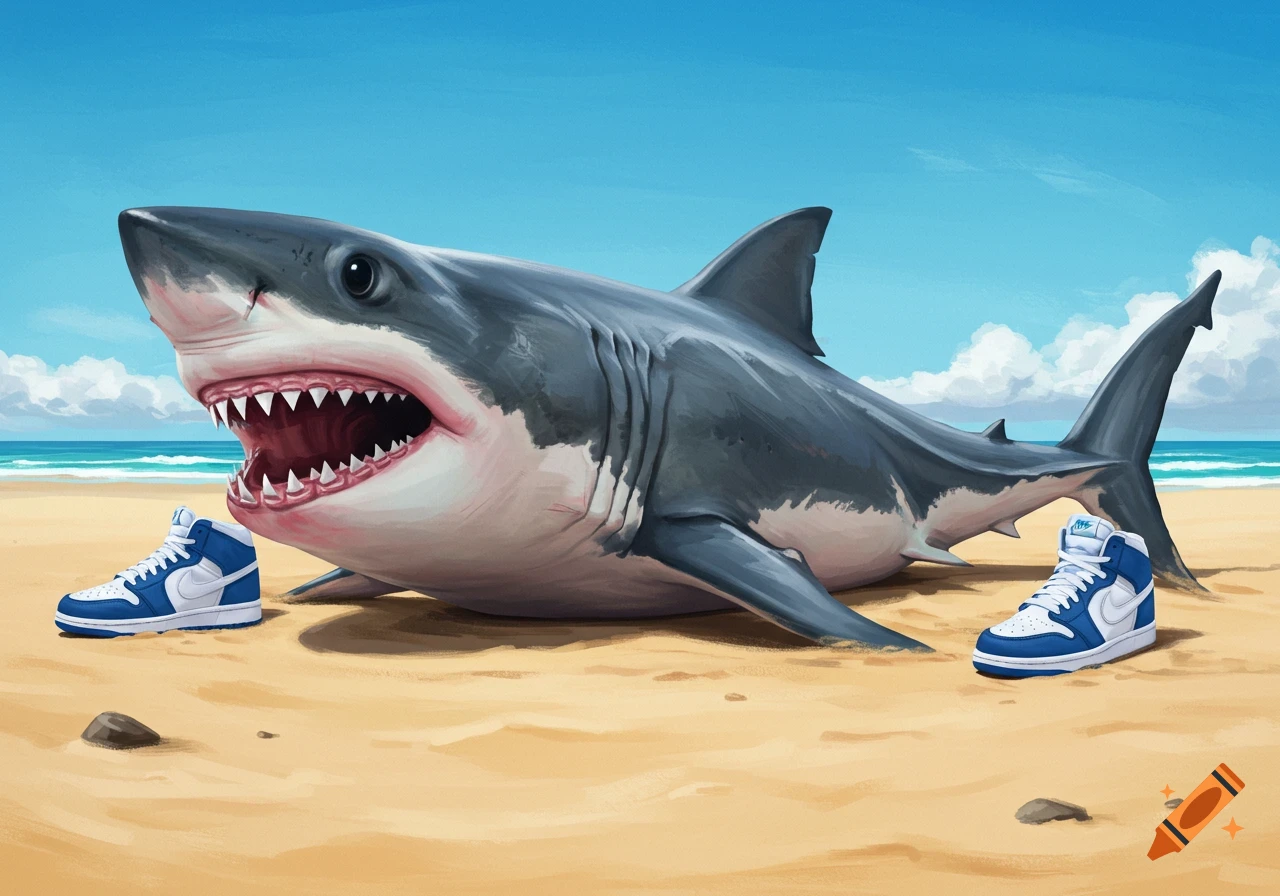 A shark on a beach wearing blue and white sneakers.
