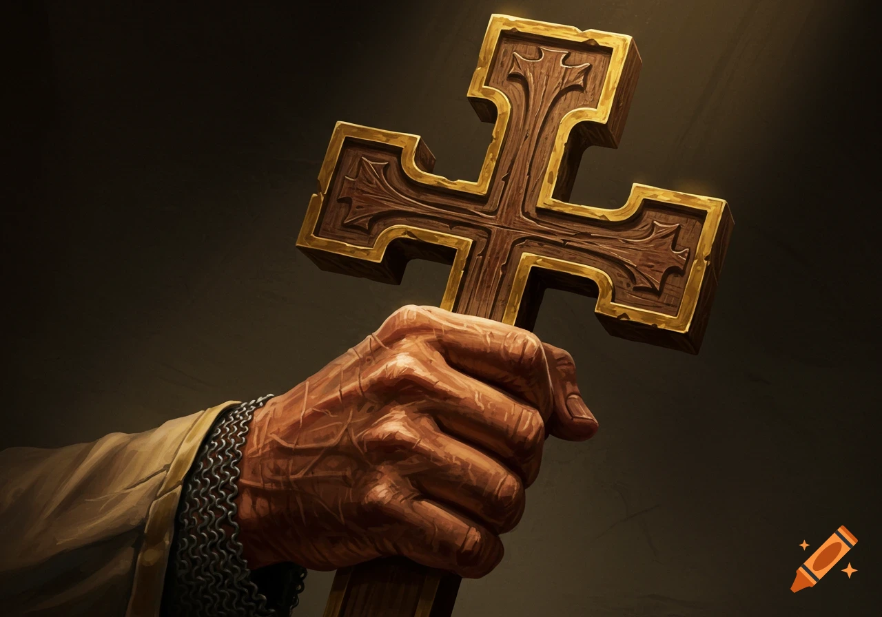 A hand grips a decorative wooden and gold cross.