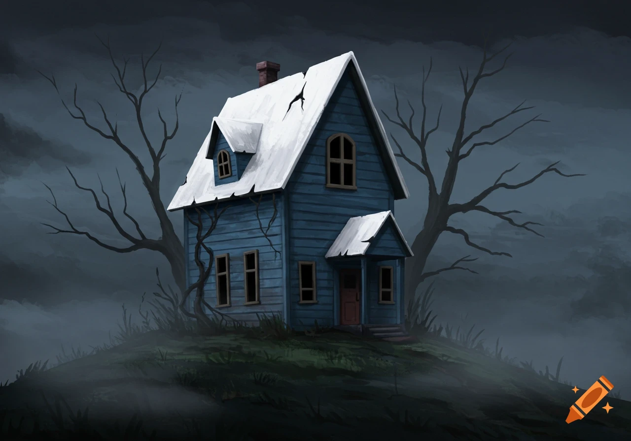 A spooky blue house with a white roof on a hill, surrounded by bare trees and fog under a dark sky.