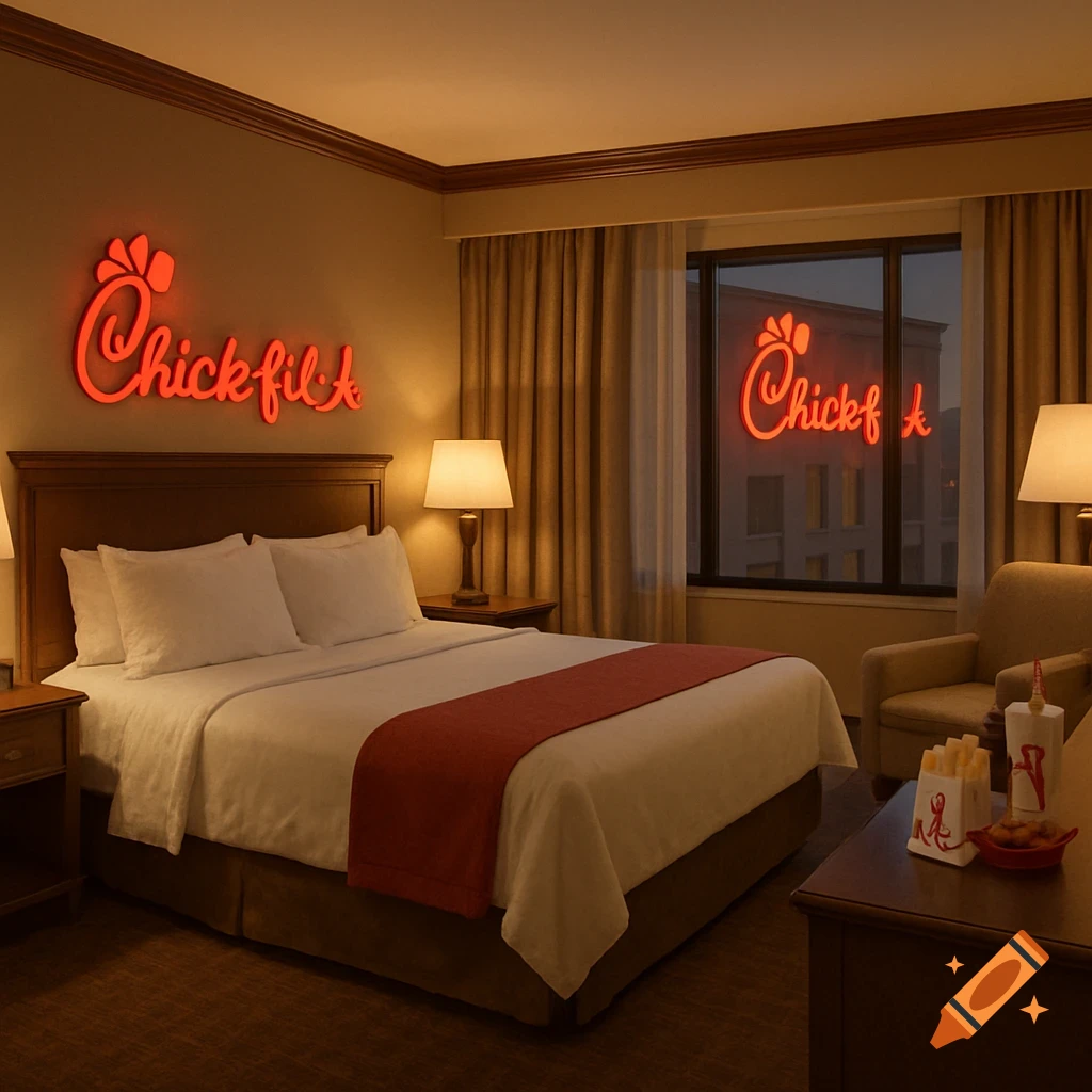 A hotel room featuring Chick-fil-A branding and food items.