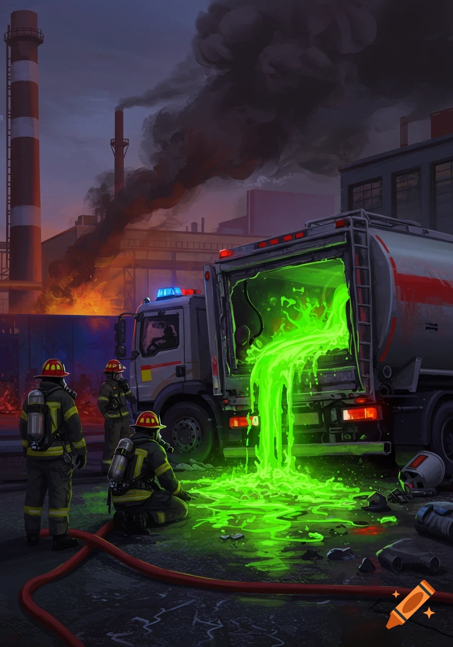 Firefighters at night respond to a tanker truck leaking glowing green hazardous material in an industrial area. Digital illustration.