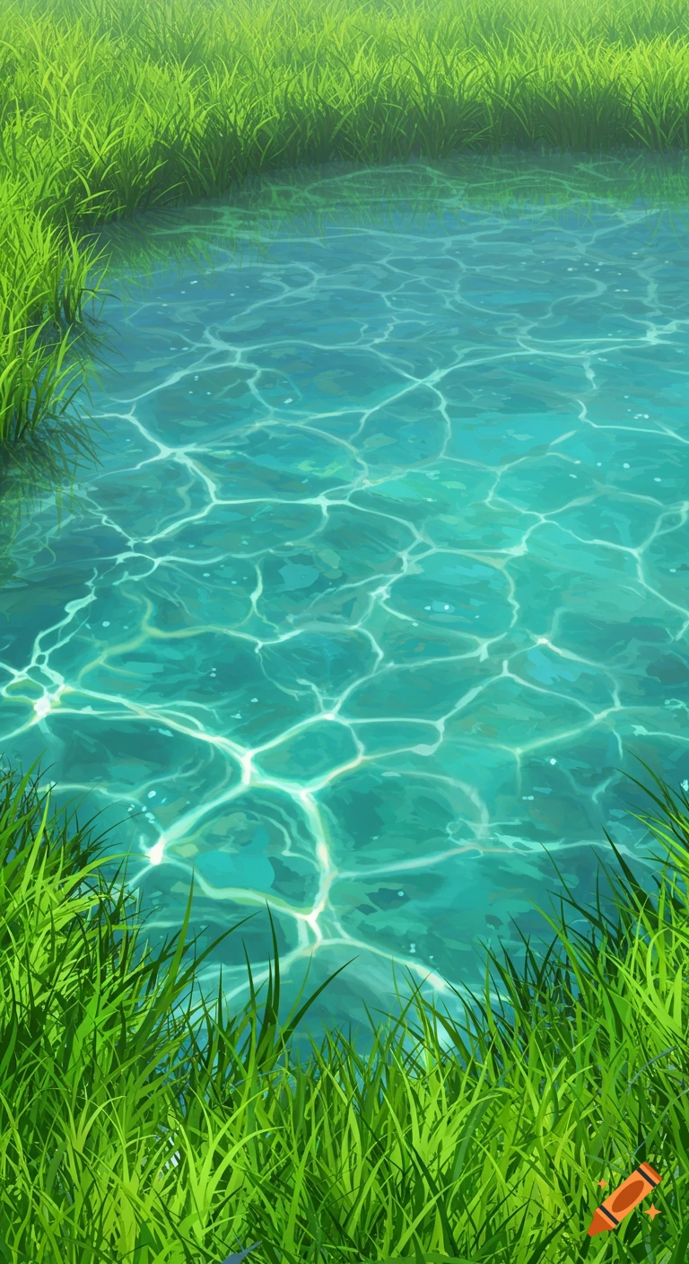 Tall green grass surrounds rippling water in an anime style illustration.