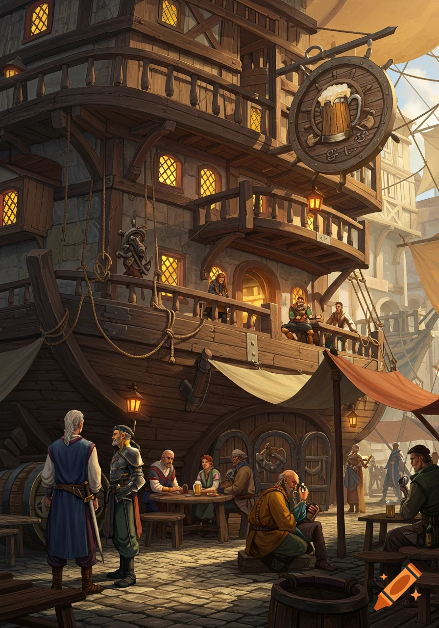 A fantasy tavern built from an old naval ship, with people sitting at tables outside and figures on the deck.