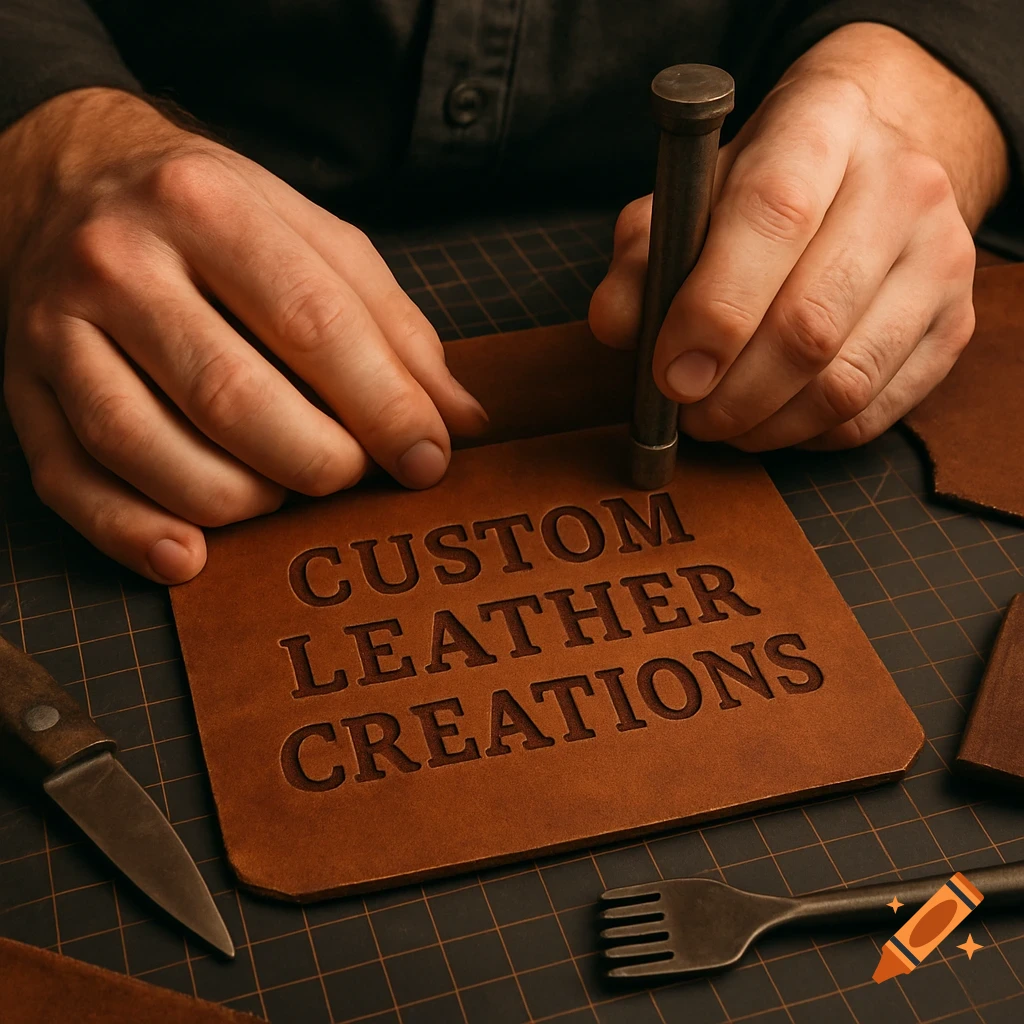 Close-up photo of hands embossing 'CUSTOM LEATHER CREATIONS' onto a piece of brown leather with a tool.