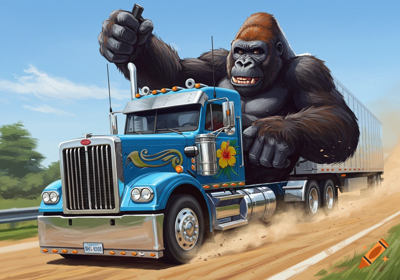 A large cartoon gorilla rides on the back of a blue semi-truck driving down a road.