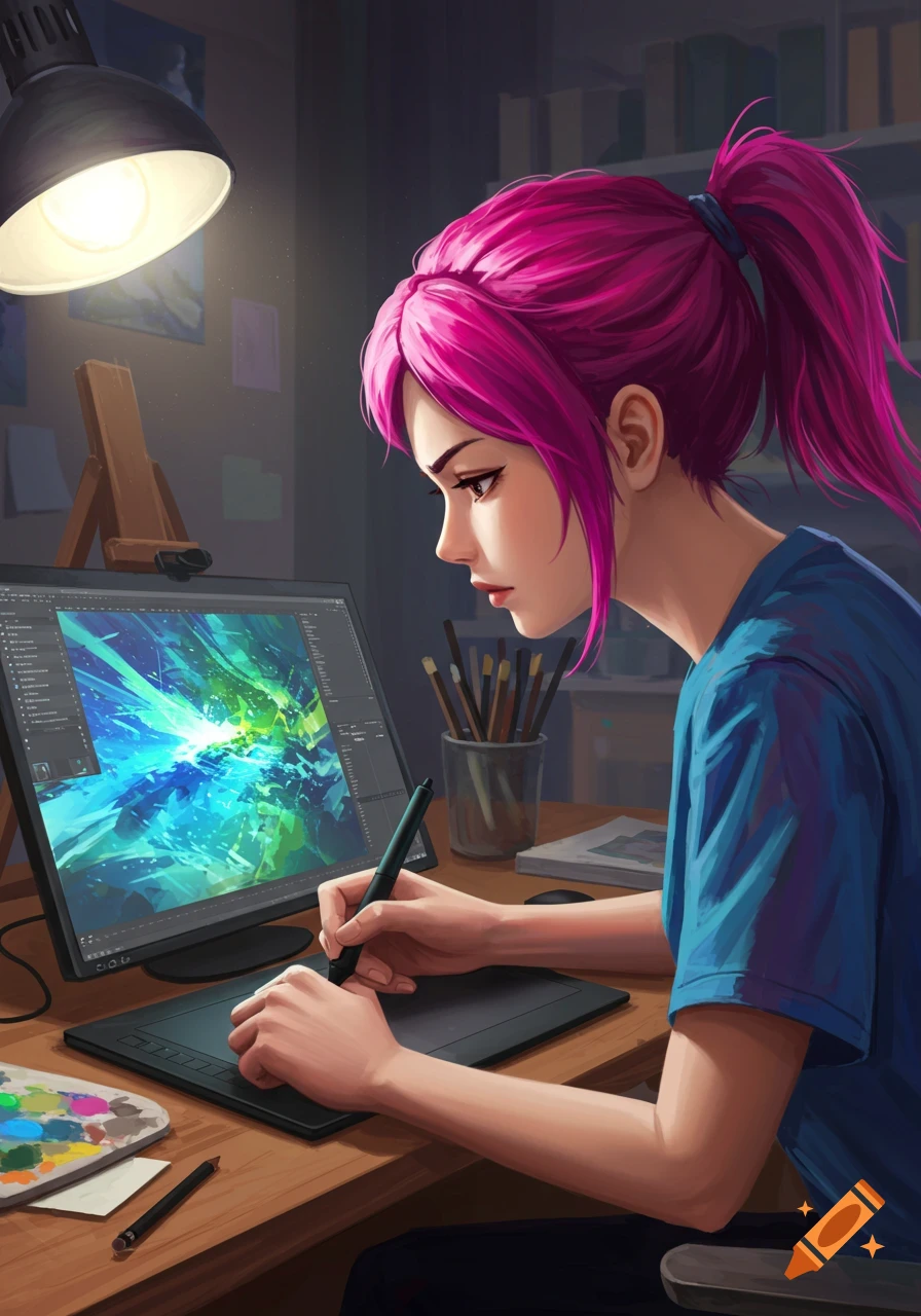 A woman with pink hair draws on a digital tablet at a desk, the computer monitor shows colorful art.