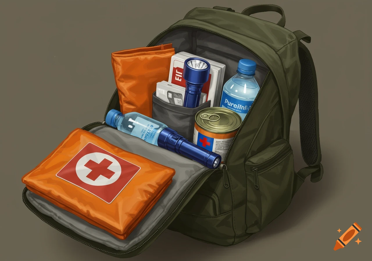 An illustration of a green backpack filled with emergency survival supplies, including a first aid kit, water bottles, and a flashlight.