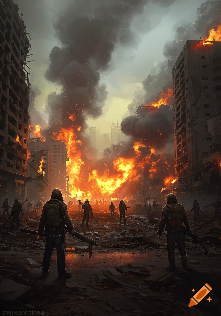 People stand in a ruined city street engulfed in flames and smoke.
