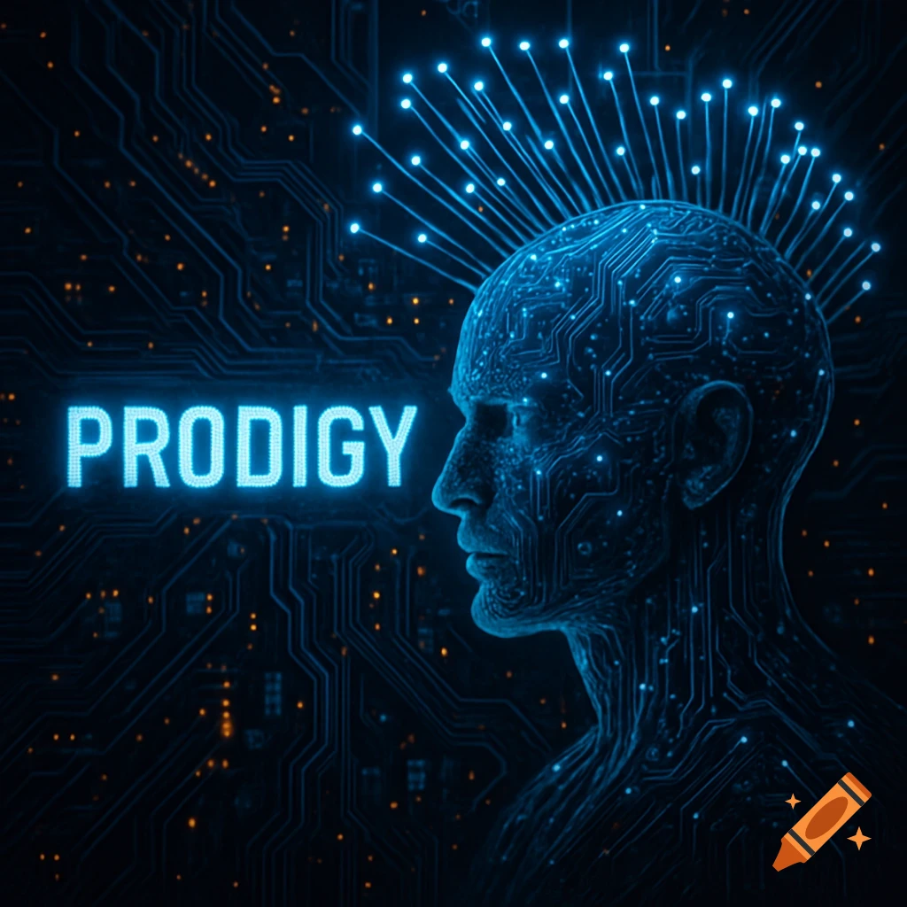 Profile of a human head made of circuits with glowing nodes and PRODIGY text against a circuit board background.