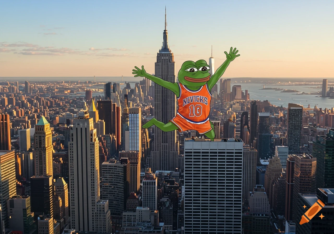 Cartoon frog in orange basketball jersey jumps above New York City skyline.