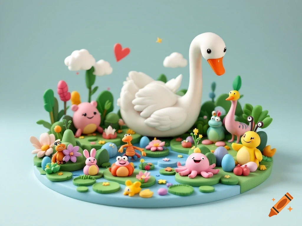 Clay model diorama of a swan pond with cute animals, flowers, lily pads, clouds, and Easter eggs.