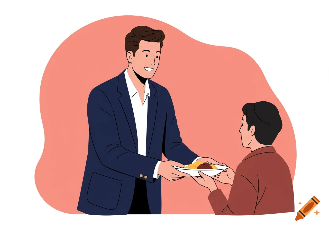 Illustration of a smiling man giving food to another person.