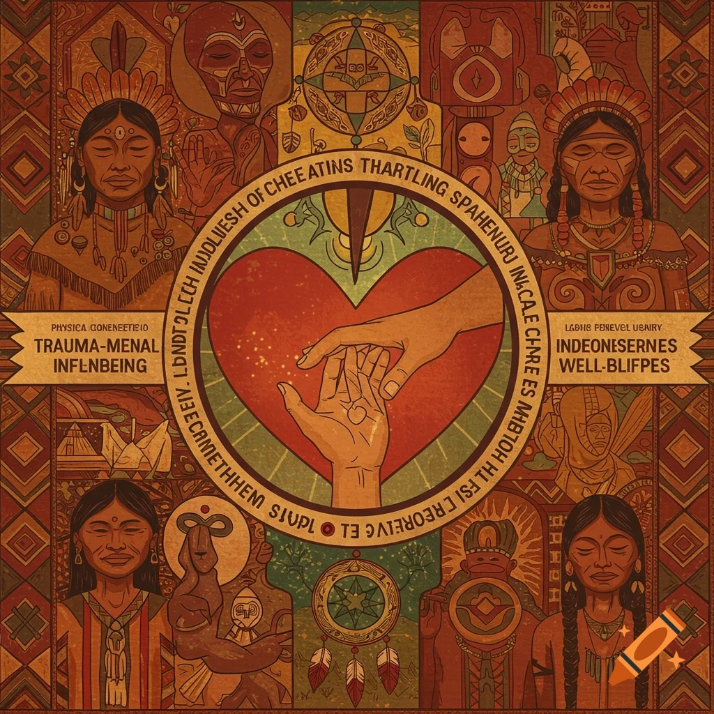 Illustrative art depicting figures in traditional clothing around a heart with hands, symbols, and patterns.