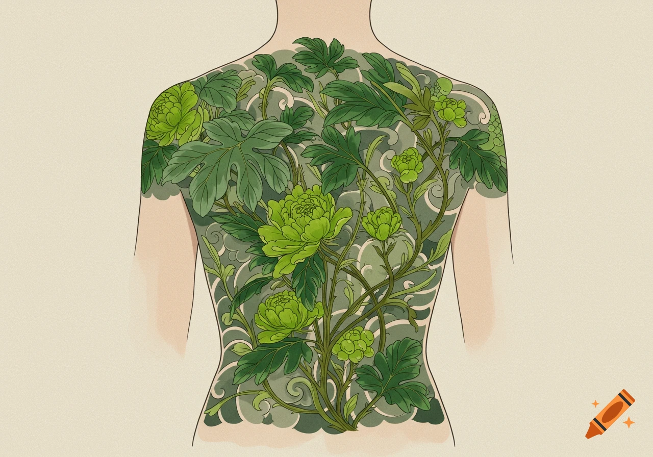 Large green botanical tattoo on a person's back in a traditional art style.