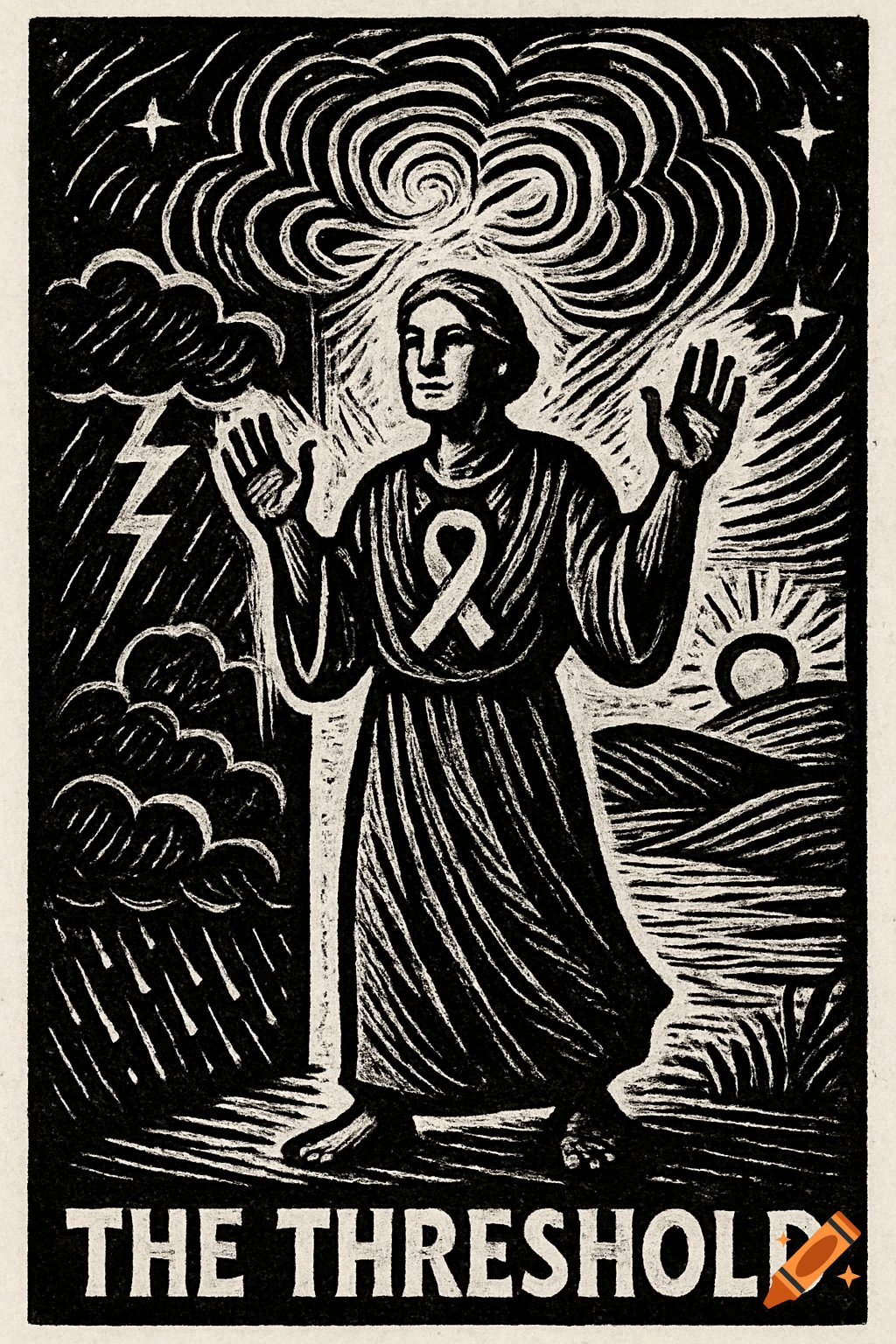 High-contrast woodcut print of figure with awareness ribbon between storm and calm, titled "The Threshold".