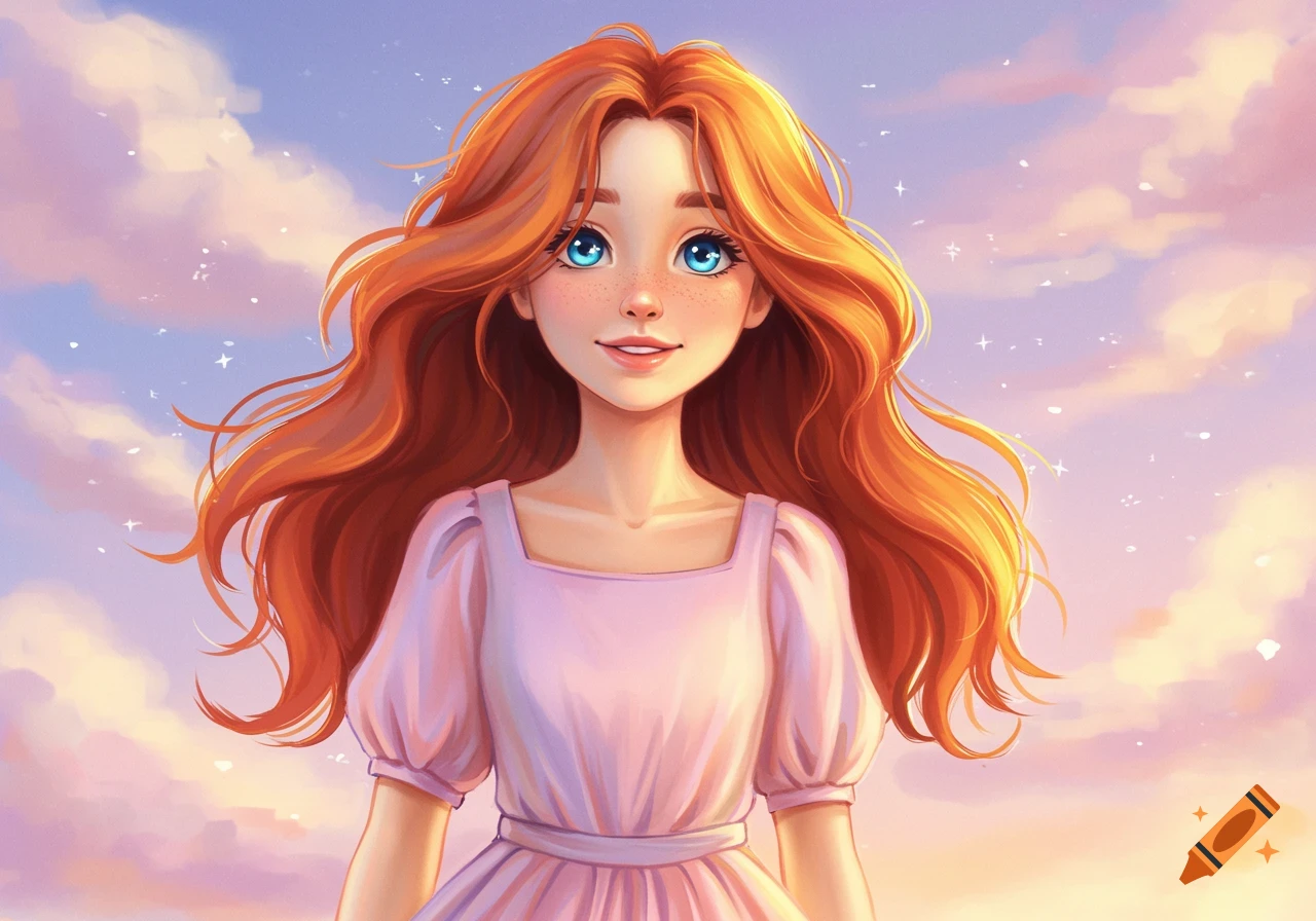Illustration of a smiling girl with red hair and blue eyes in a pink ...