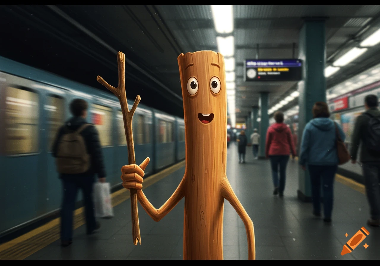 A cartoon stick figure character holding a stick in a busy subway station.