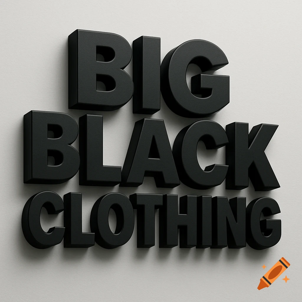 3D black block letters spelling 'BIG BLACK CLOTHING' on a grey background.