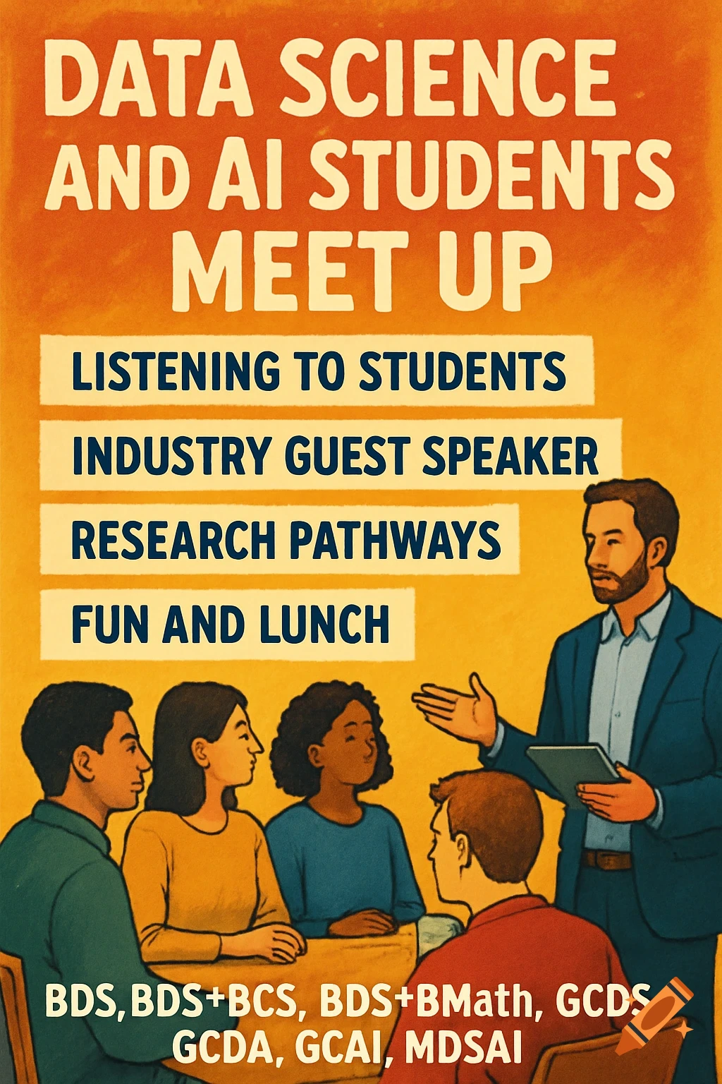 Poster for "Data Science and AI Students Meet Up" showing a speaker addressing students around a table.