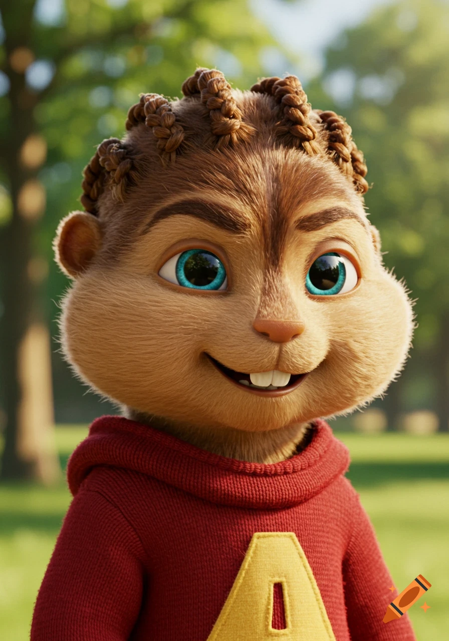 A 3D animated close-up of Simon the chipmunk wearing a red hoodie with a yellow 'A' and cornrows, smiling.