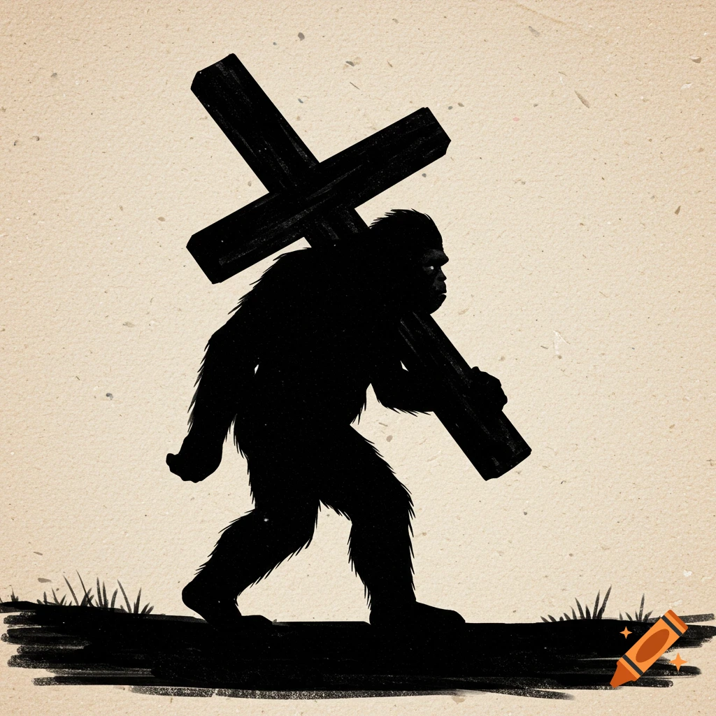 A black silhouette drawing of Bigfoot carrying a cross.