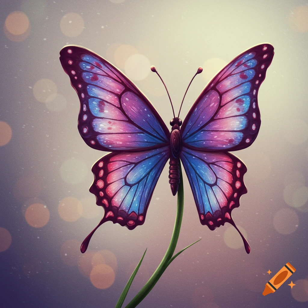 A vibrant pink and blue butterfly sits on a stem with blurred lights in the background.
