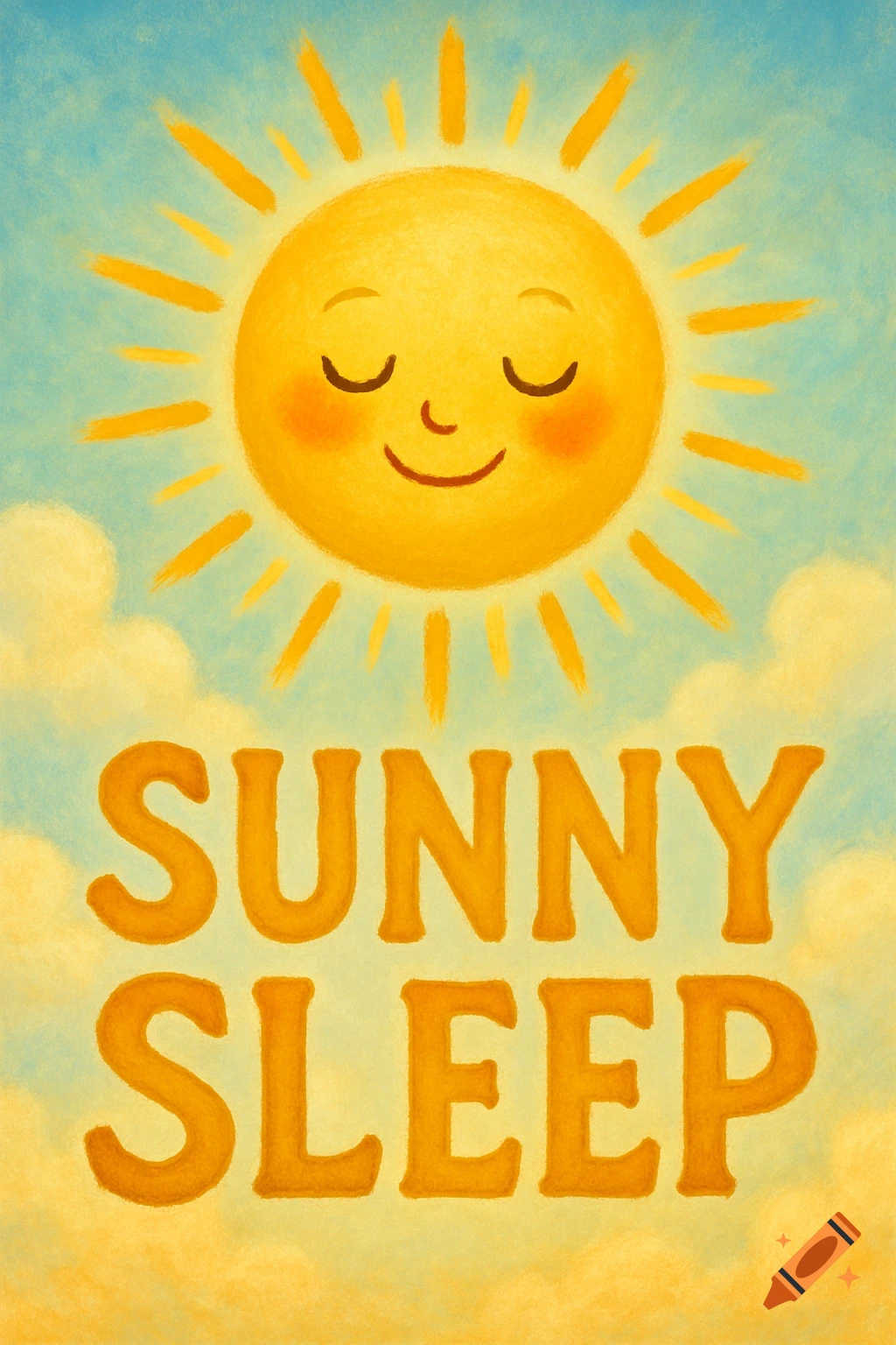 A cute smiling sun in a blue sky above the words "SUNNY SLEEP" in a drawing style.
