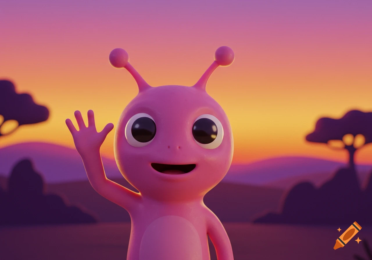 A pink cartoon alien waves in front of a sunset.