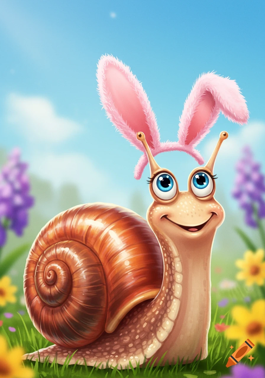 A cartoon snail wears pink Easter bunny ears in a field of flowers.