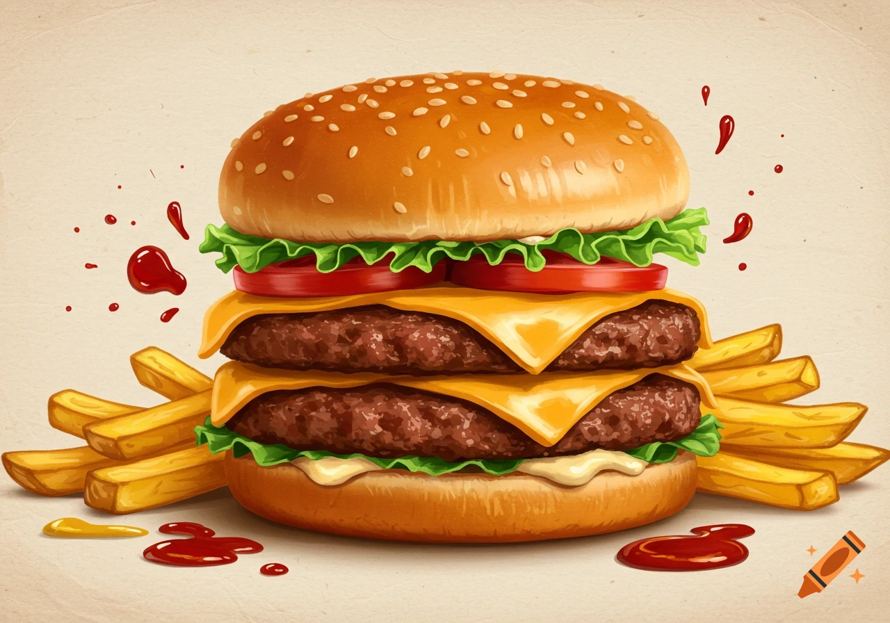 An illustration of a double cheeseburger with fries and ketchup splatters.