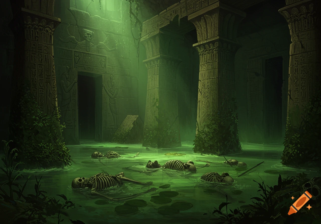 Flooded ancient tomb with pillars and skeletons in green water.