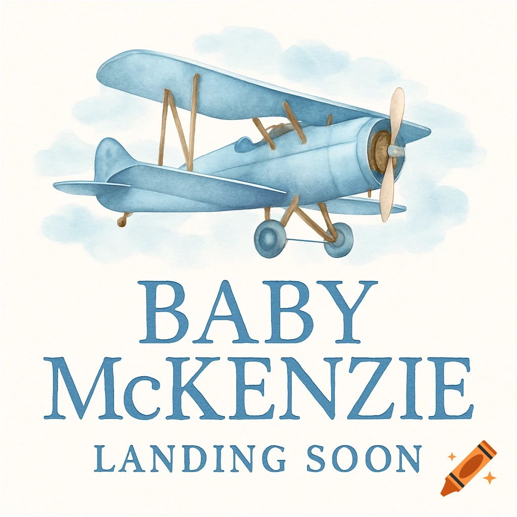 Watercolor illustration of a blue biplane in the sky above text that reads: BABY McKENZIE LANDING SOON.
