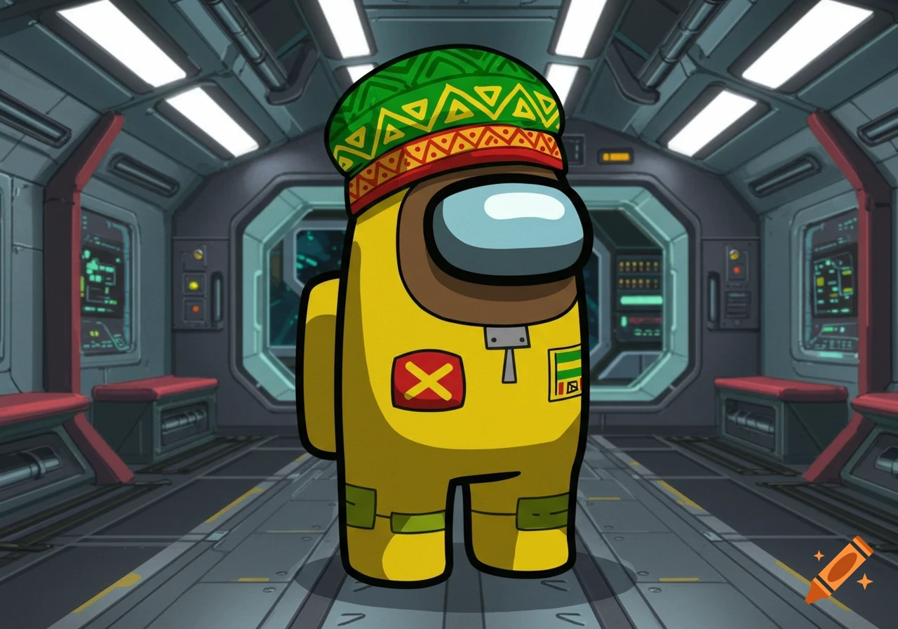 An Among Us character wearing a Rasta hat stands in a spaceship corridor.