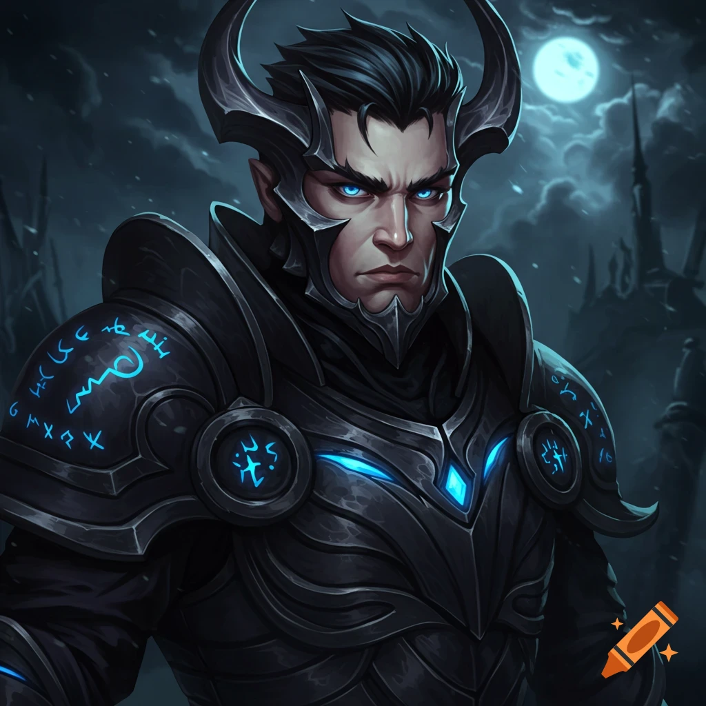 Dark fantasy portrait of a man with horns, glowing blue eyes, and armor with glowing runes, in a cartoon artwork style.