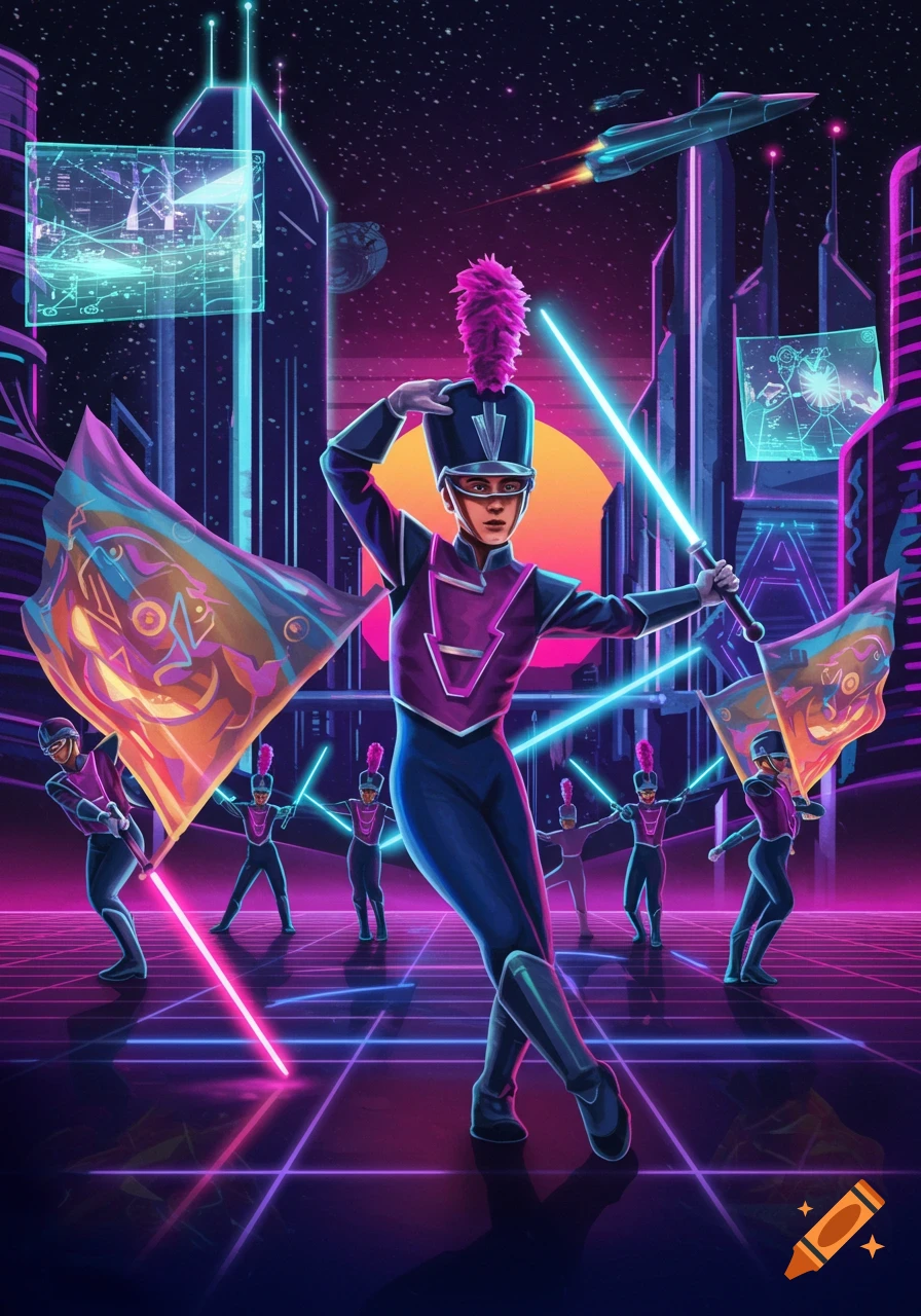 Colourguard performing in a retro-futuristic cityscape with lightsabers and flags.