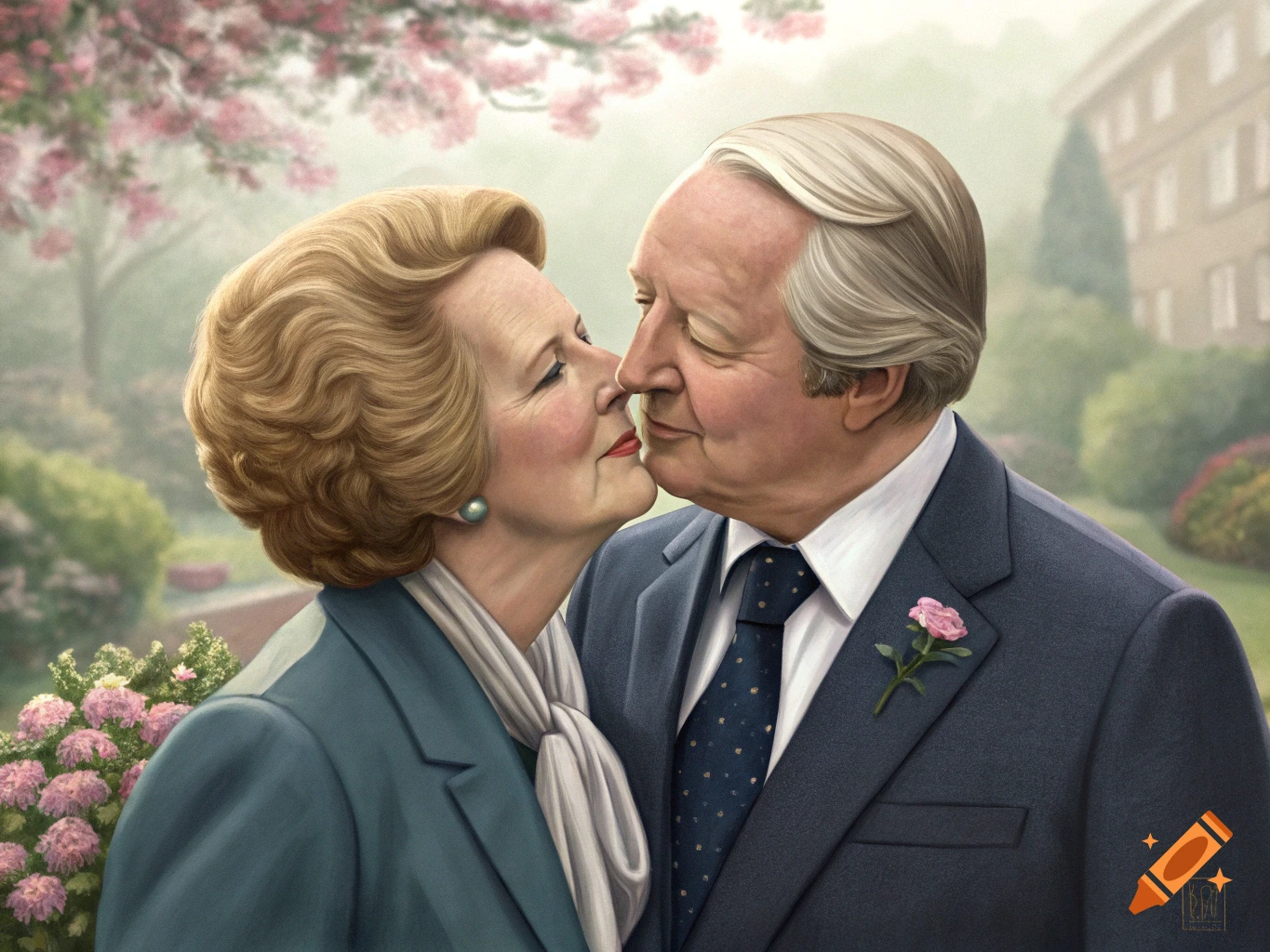 Painting of Margaret Thatcher and Edward Heath kissing in a garden.