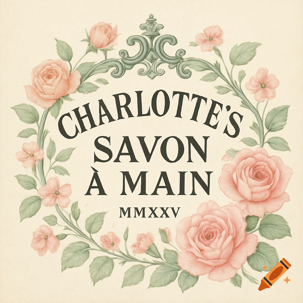 Vintage logo with a floral wreath of pink roses and green leaves surrounding text reading Charlotte's Savon à Main MMXVV.
